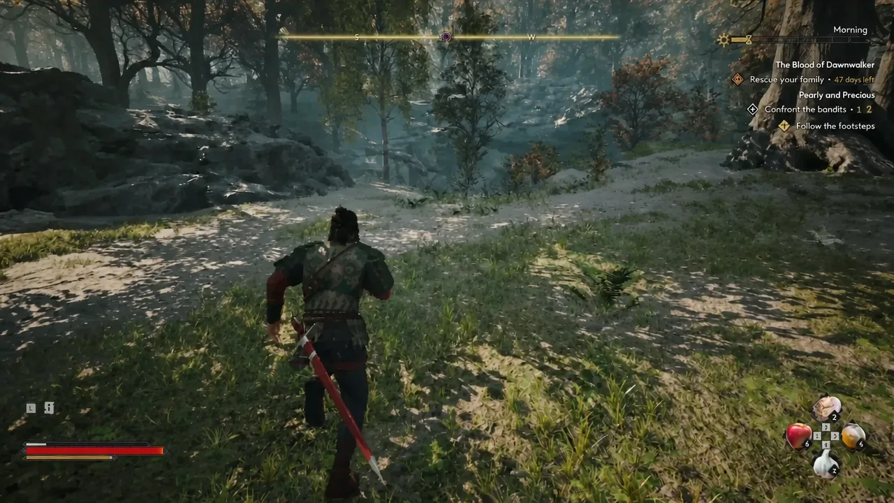 Player character walking through the forest along a line of glowing footprints toward the bandit camp