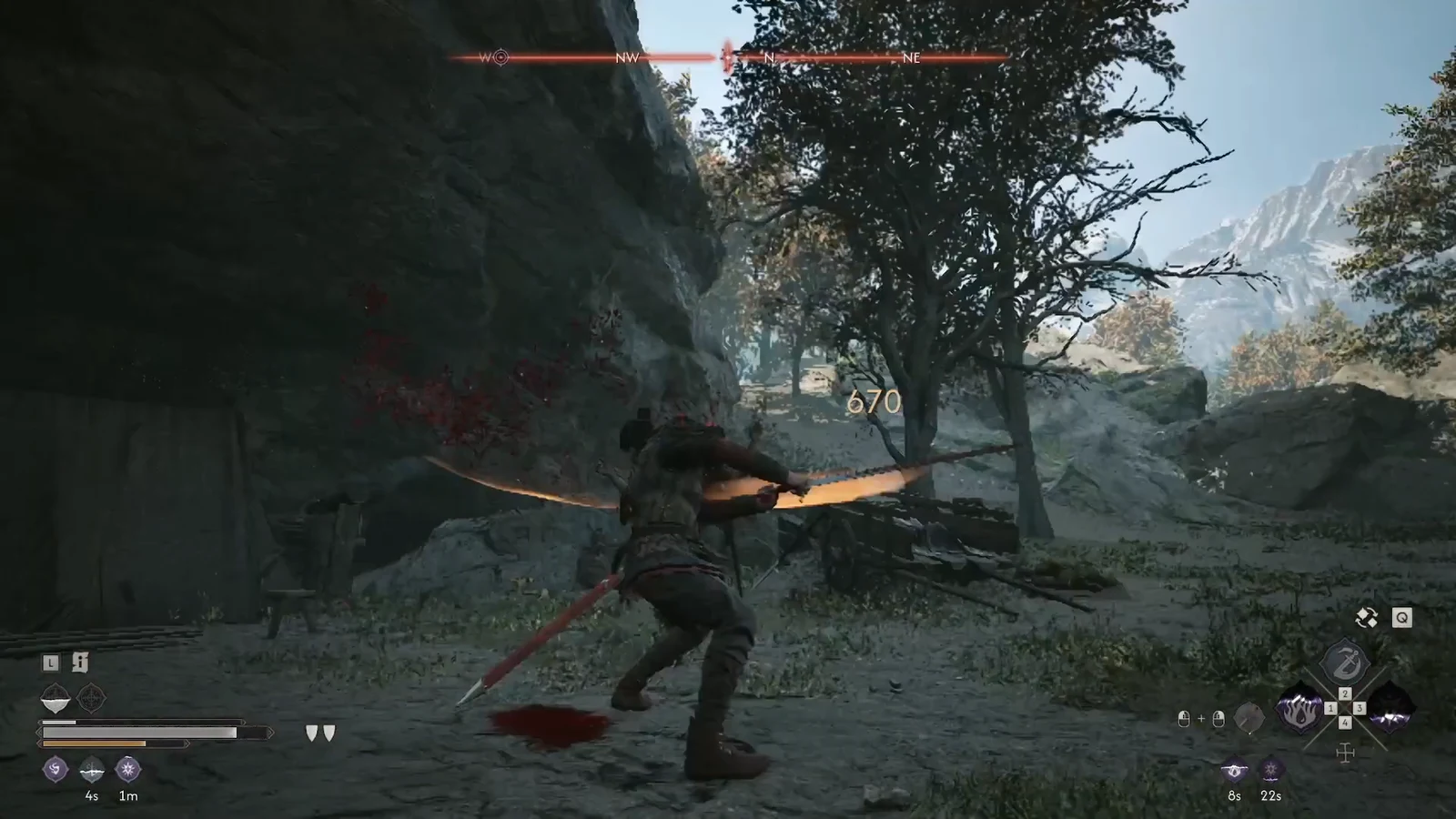 Charged bow shot landing on a bandit for 670 damage during the camp fight