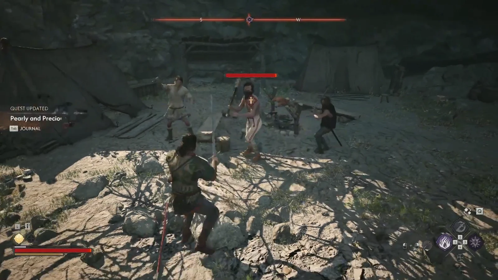The bandit camp fight pits you against the whole group at once, no matter which dialogue line you choose.