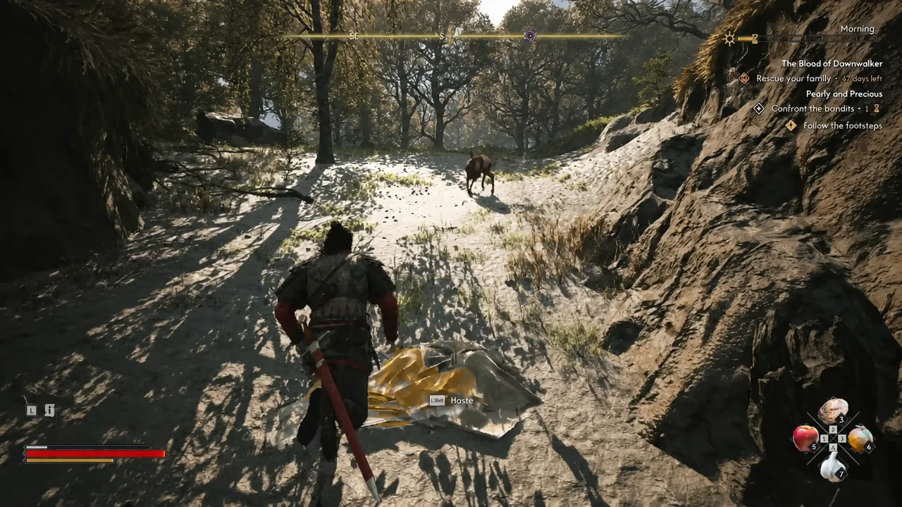 Player approaching a carcass on the forest trail with the Haste sprint prompt on screen