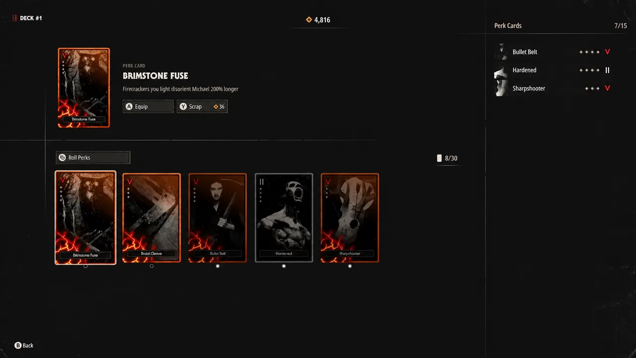 Deck #1 perk card list with Brimstone Fuse highlighted for equipping or scrapping