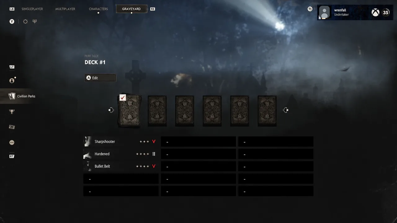 Graveyard menu with Civilian Perks selected and Deck #1 ready to edit