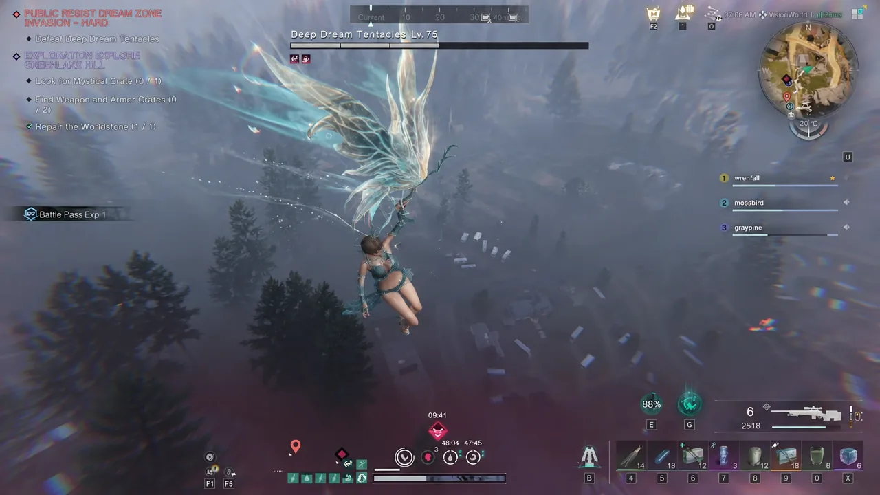 Character glides through the air above a boss arena while Deep Dream Tentacles Lv. 75 is engaged below