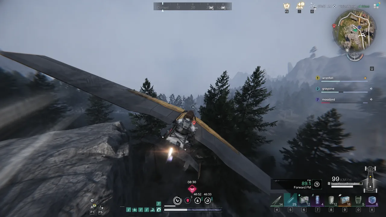 Gliding toward a red waypoint marker across mountainous terrain