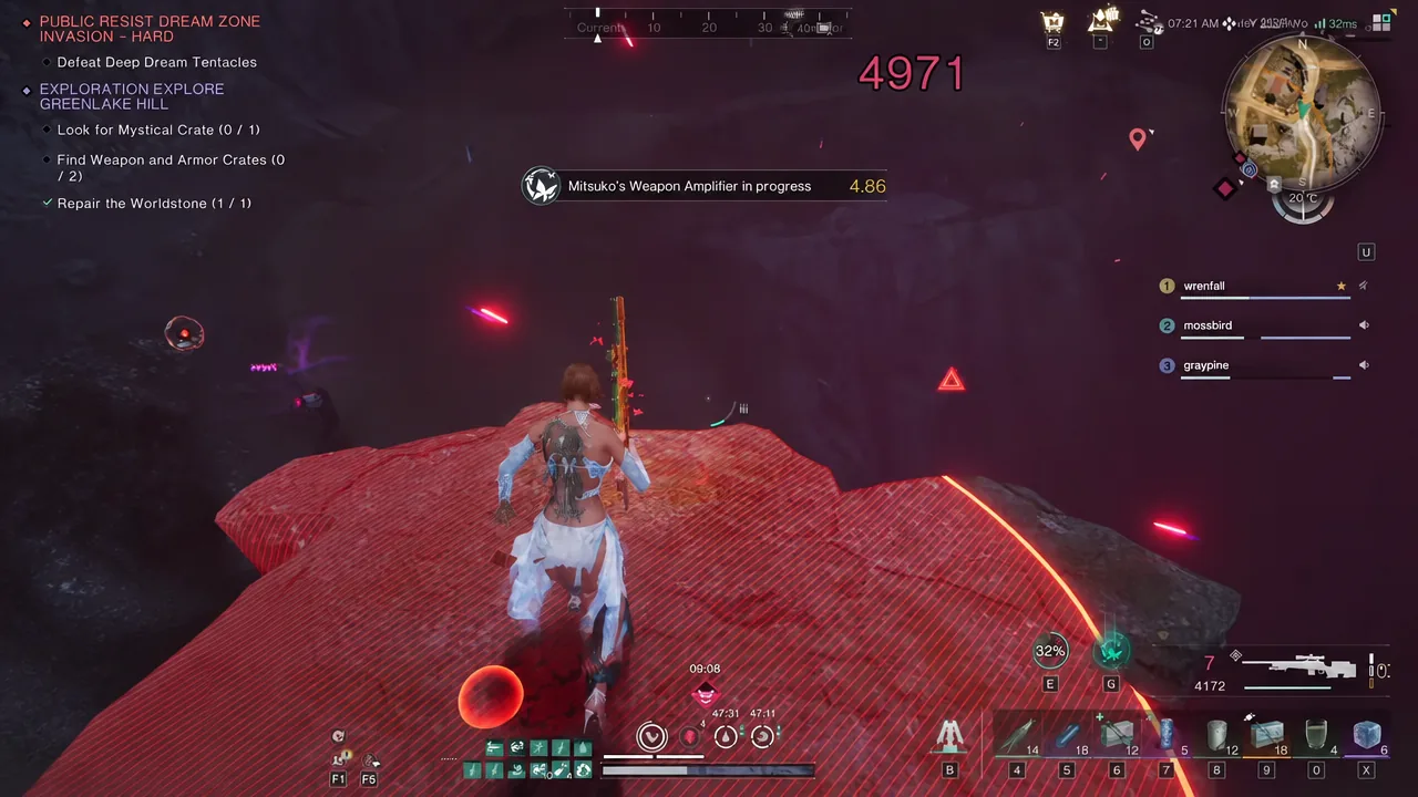 Player stands on a glowing red hazard field with an amplifier objective tracked on the HUD