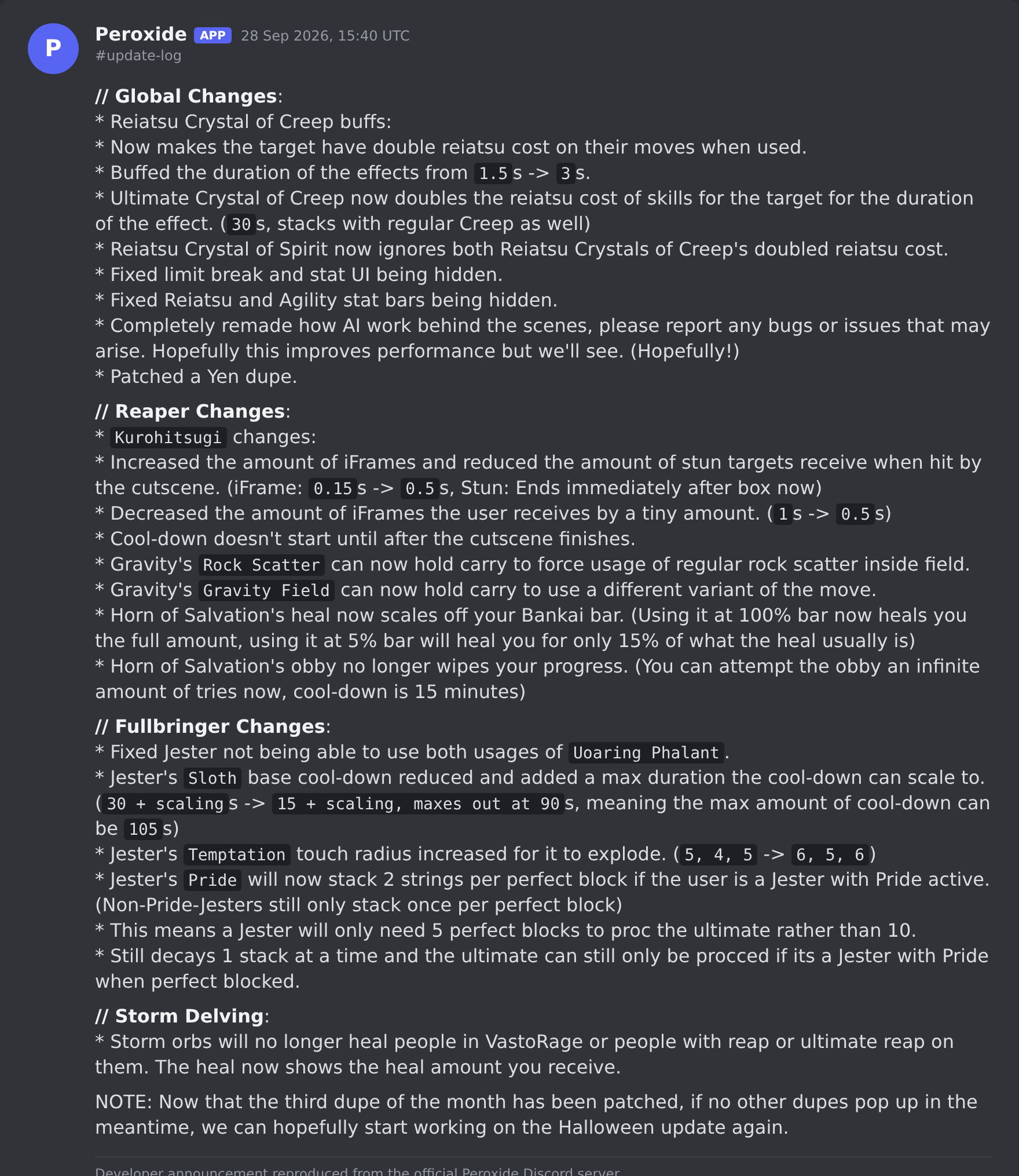 The Peroxide update post in the game's Discord server
