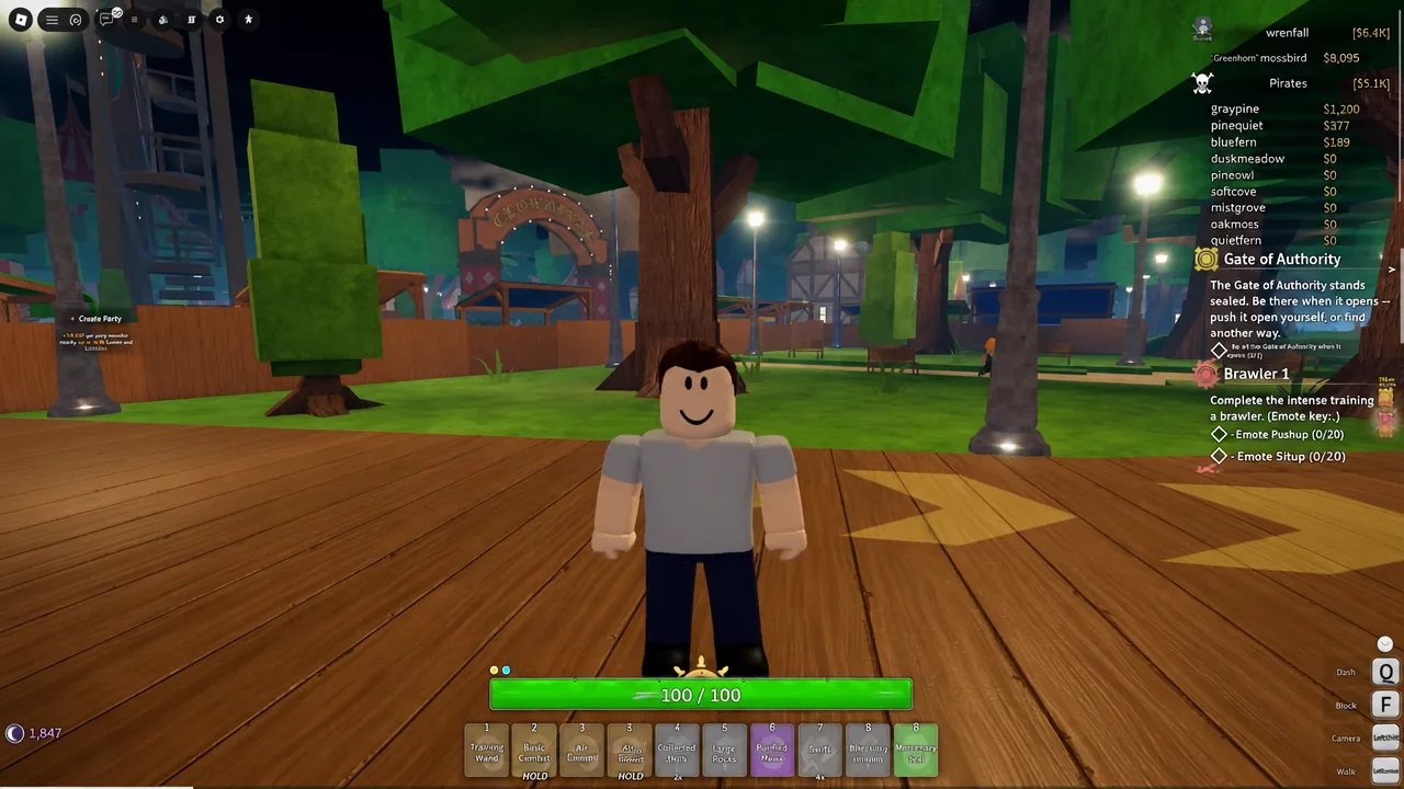 Player standing in a Grand Blue town square with the quest panel showing on the right of the screen
