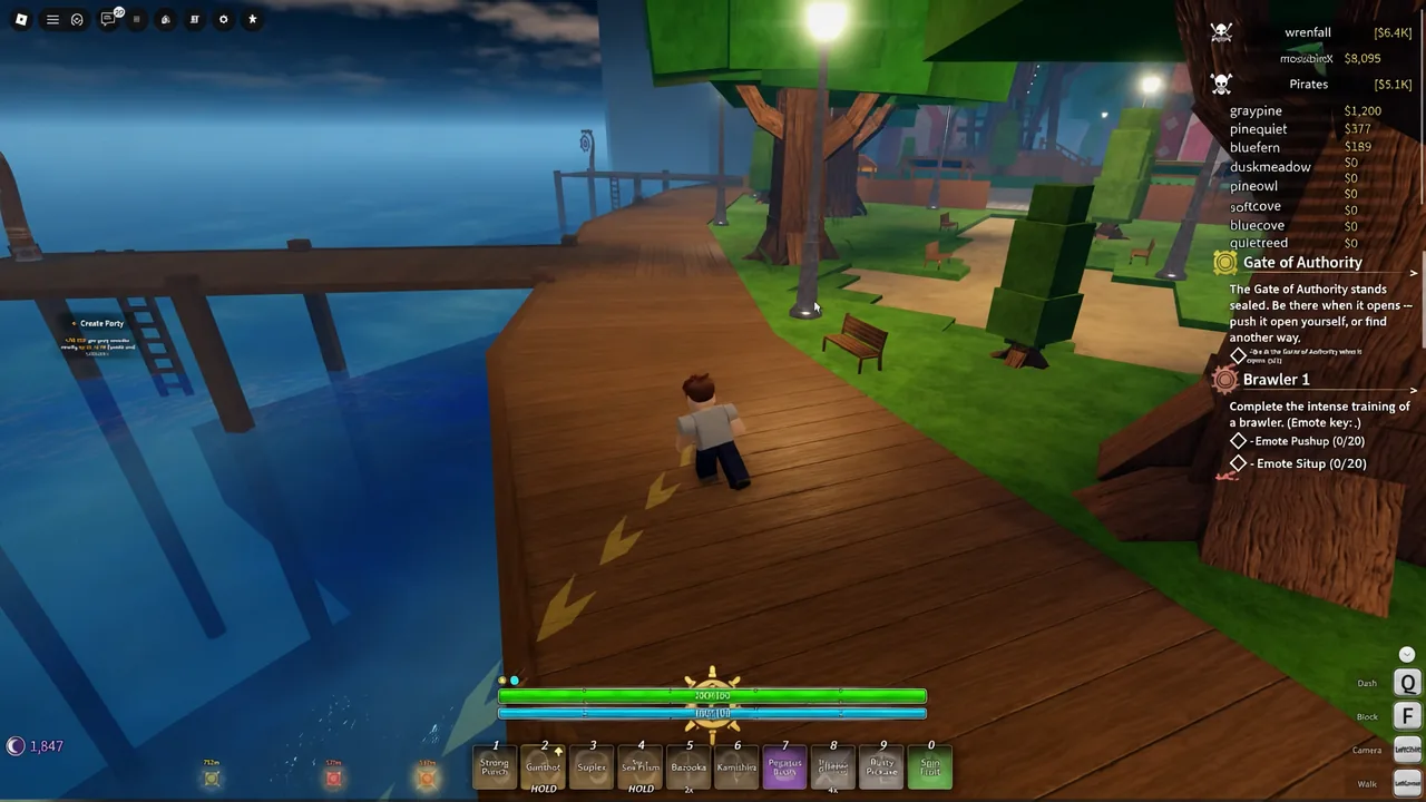Player character following yellow waypoint arrows along a wooden dock in Grand Blue