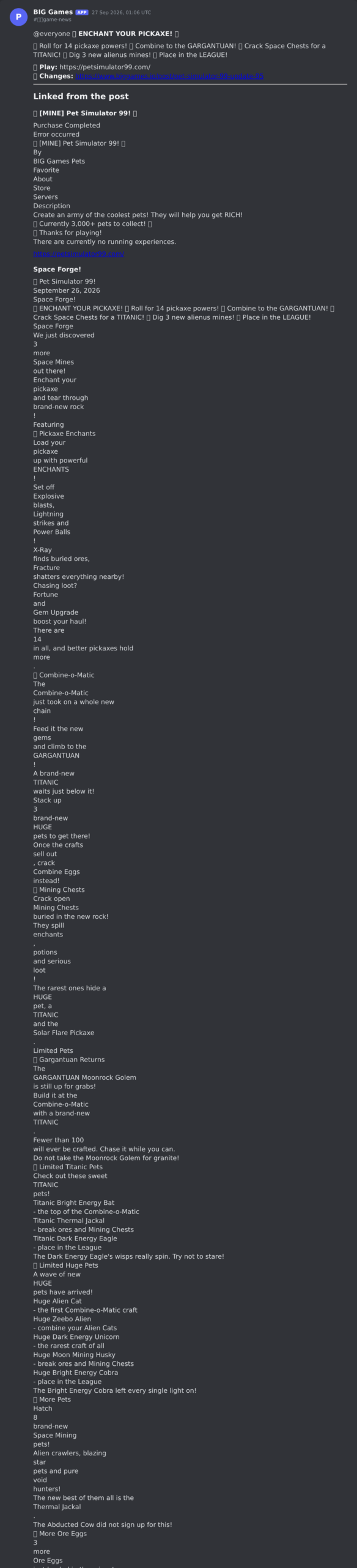 The Pet Simulator 99 update post in the game's Discord server