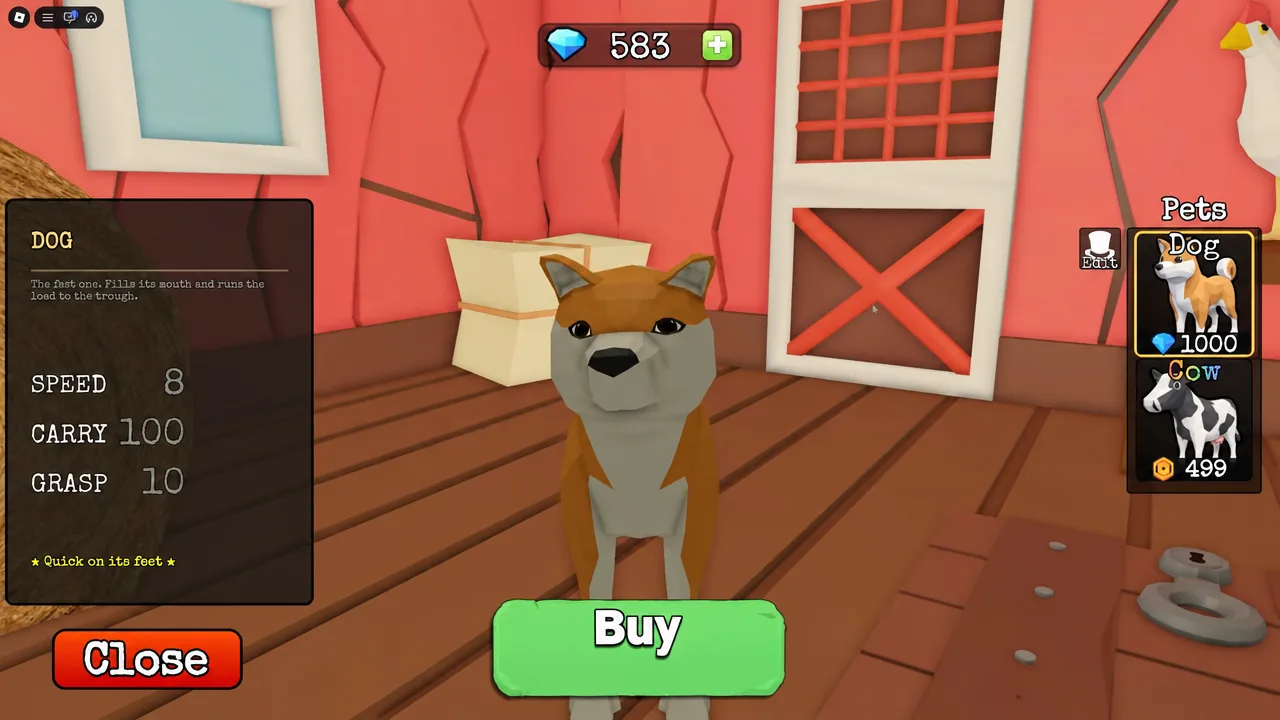 Pets shop menu with the Dog card selected and the purchase button highlighted