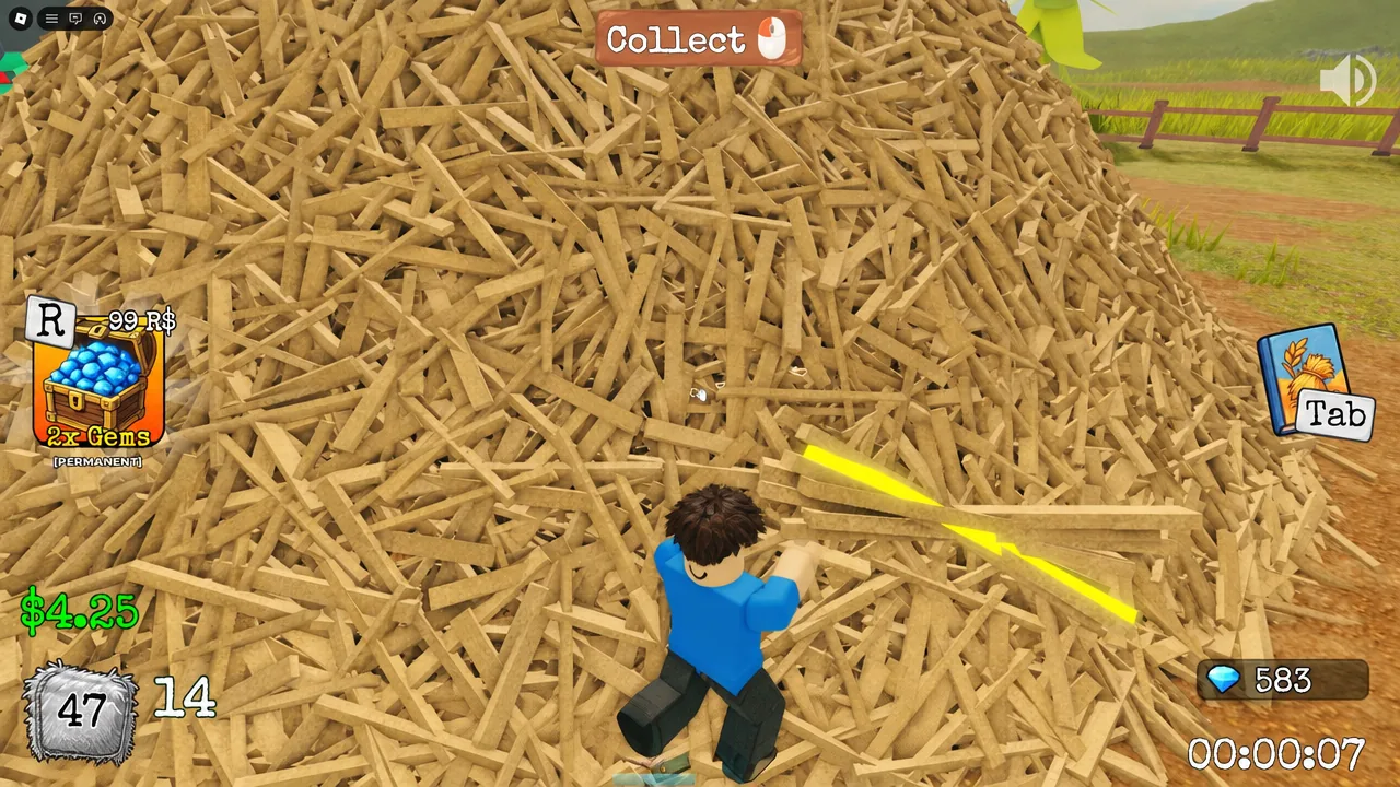 Player breaking apart the pile with the Collect button showing during a Farmhouse run