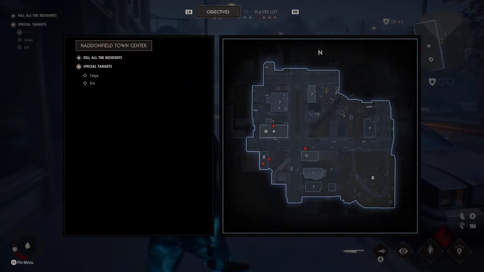 Objectives screen for Haddonfield Town Center showing the kill objective, targets Tanya and Eric, and the area map