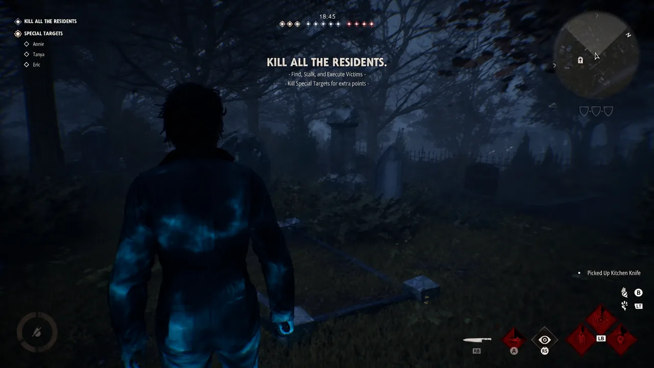 Kill All the Residents HUD listing special targets as Michael moves through a graveyard