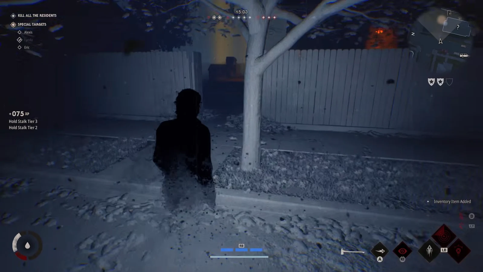 Michael stalking through a dark yard with Stalk Tier 2 and Tier 3 prompts on screen