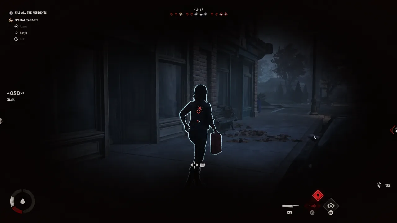 Stalk action filling on a highlighted resident with the trigger prompt visible on screen