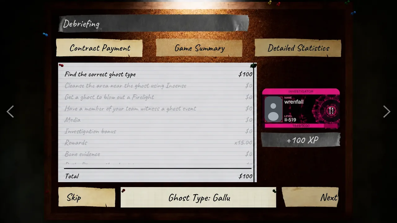 End of contract summary screen confirming the correct ghost type and the payout for the run