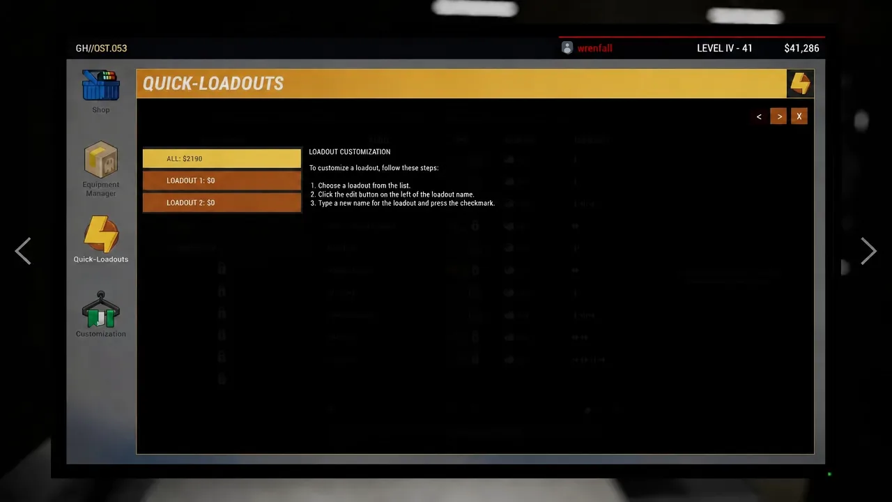 Quick-loadouts screen in Phasmophobia with the ALL loadout highlighted next to customization options