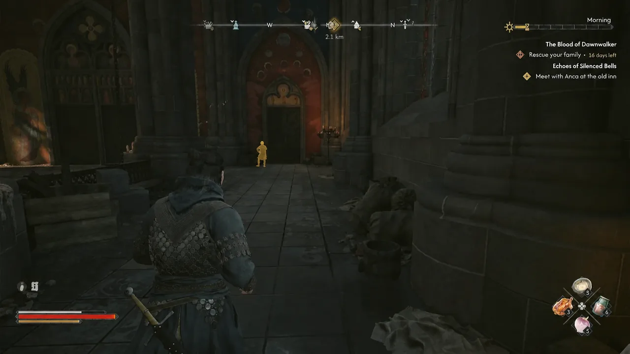Gold-highlighted acolyte standing ahead of the player near the locked Belltower door