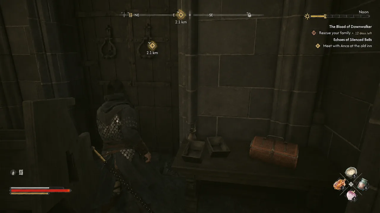 Player standing directly in front of a closed chest holding the quest reward