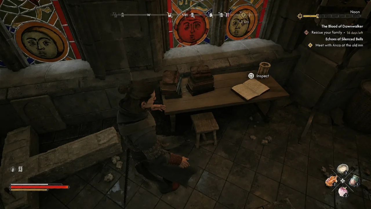 Inspect prompt appearing over an open ledger lying on a desk inside the Belltower