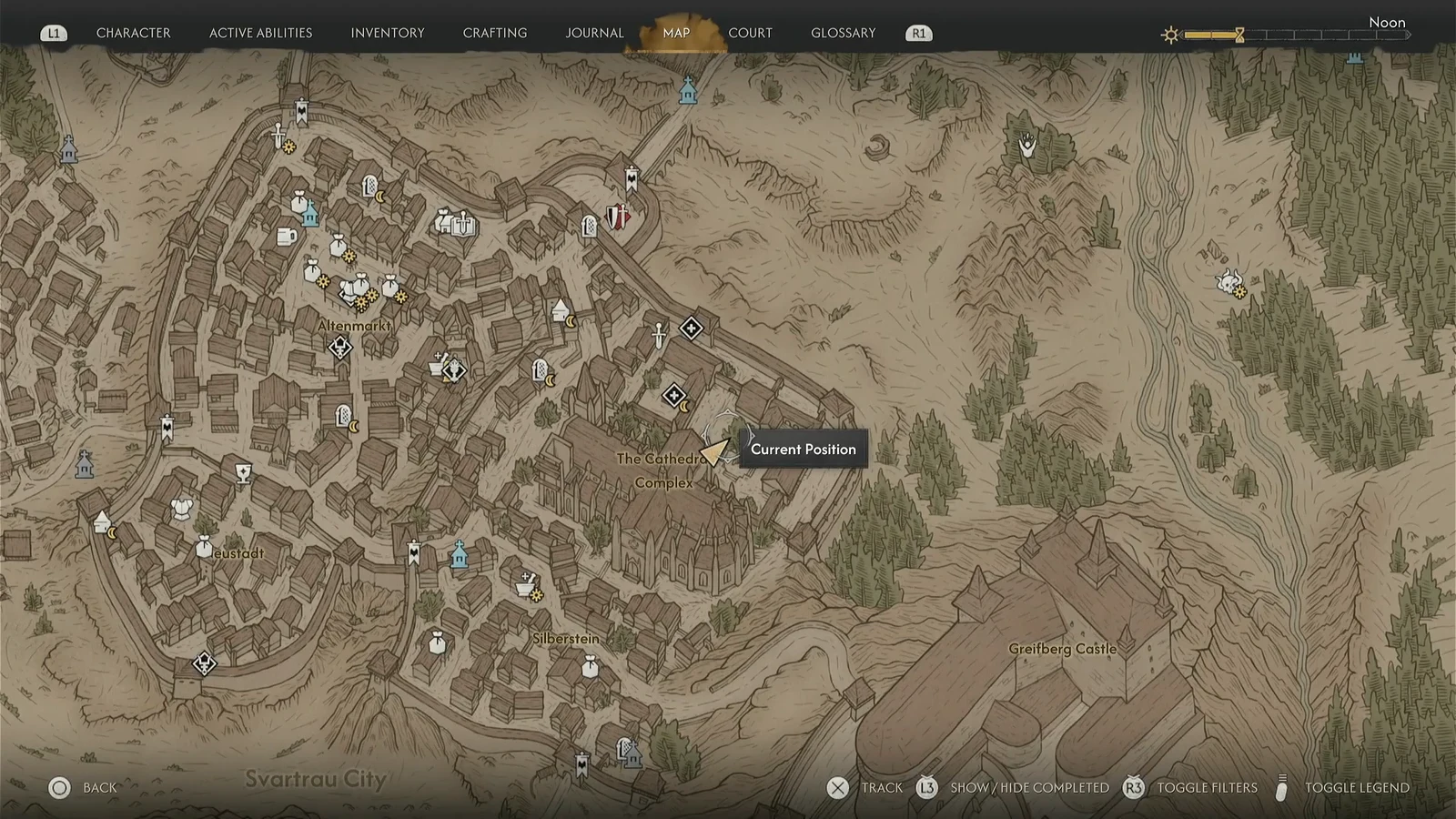 World map zoomed in on Svartrau City with the player marker sitting beside the Cathedral Complex