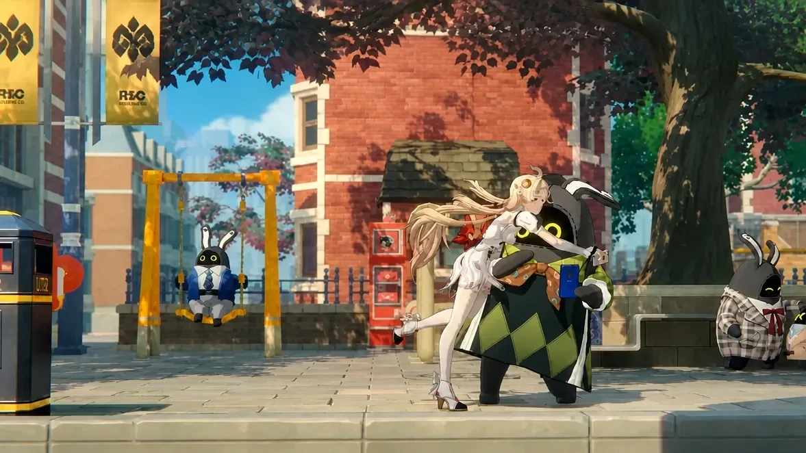 Blonde woman under a cardboard box dodging a ticket booth and construction work on the street