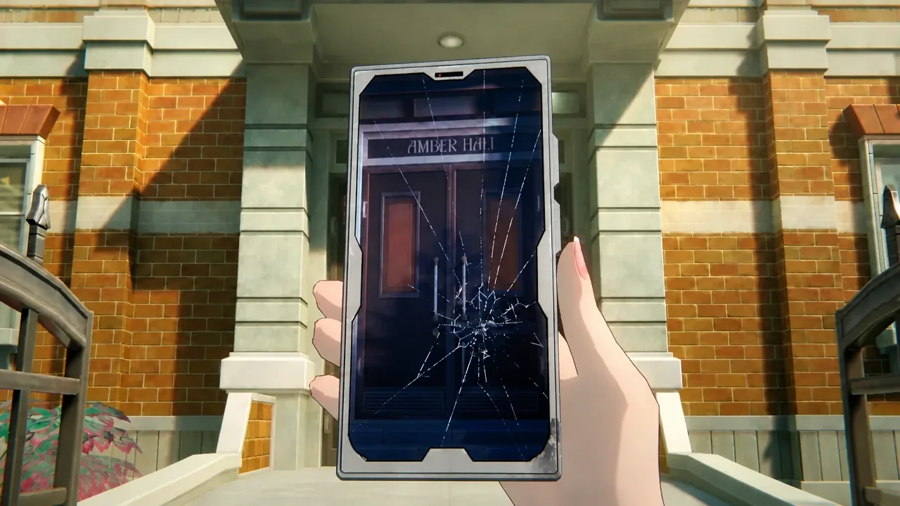 Cracked phone held up toward the Amber Hall entrance during the cutscene