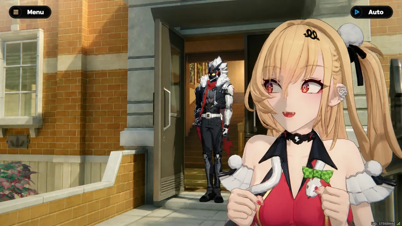 Two characters at an open doorway during the story scene with the Auto button visible