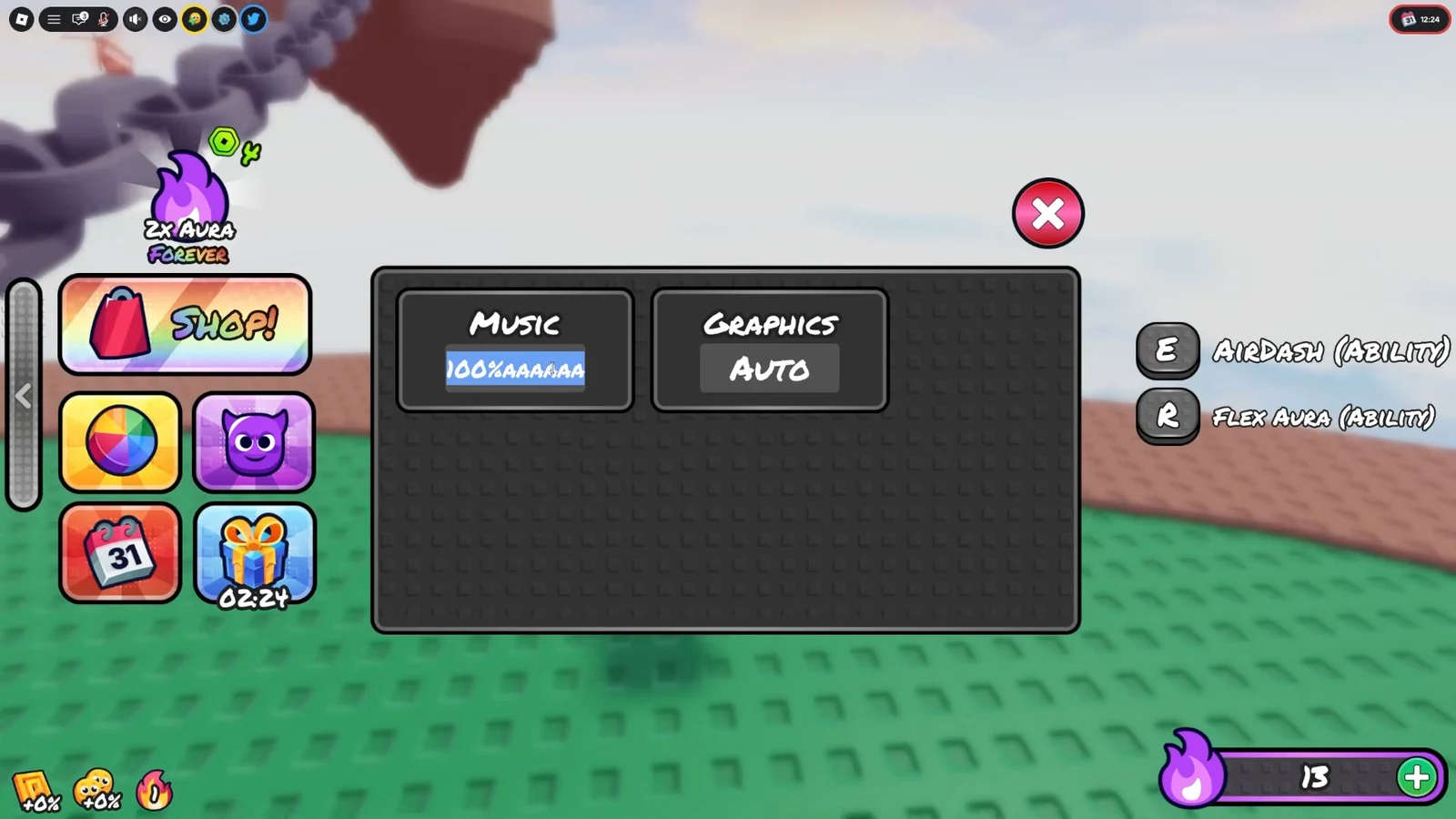 Settings panel with the Music value being edited while Graphics stays on Auto