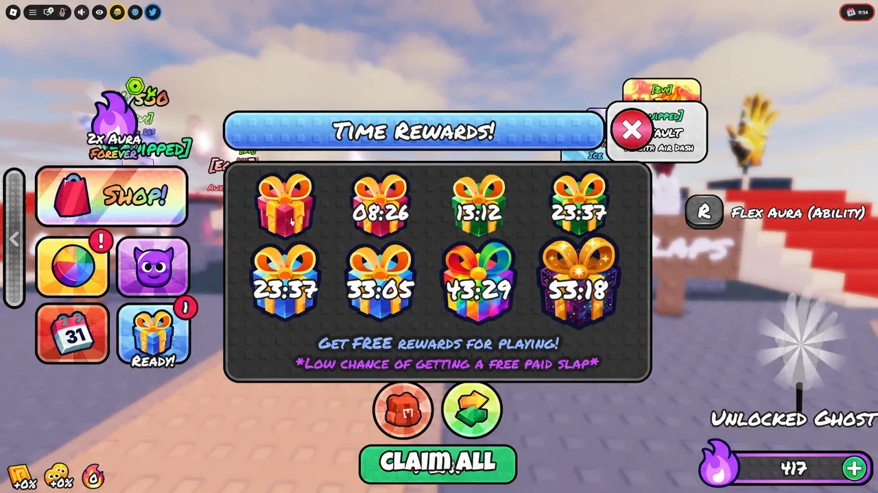 TIME REWARDS panel showing timed gifts alongside the CLAIM ALL button