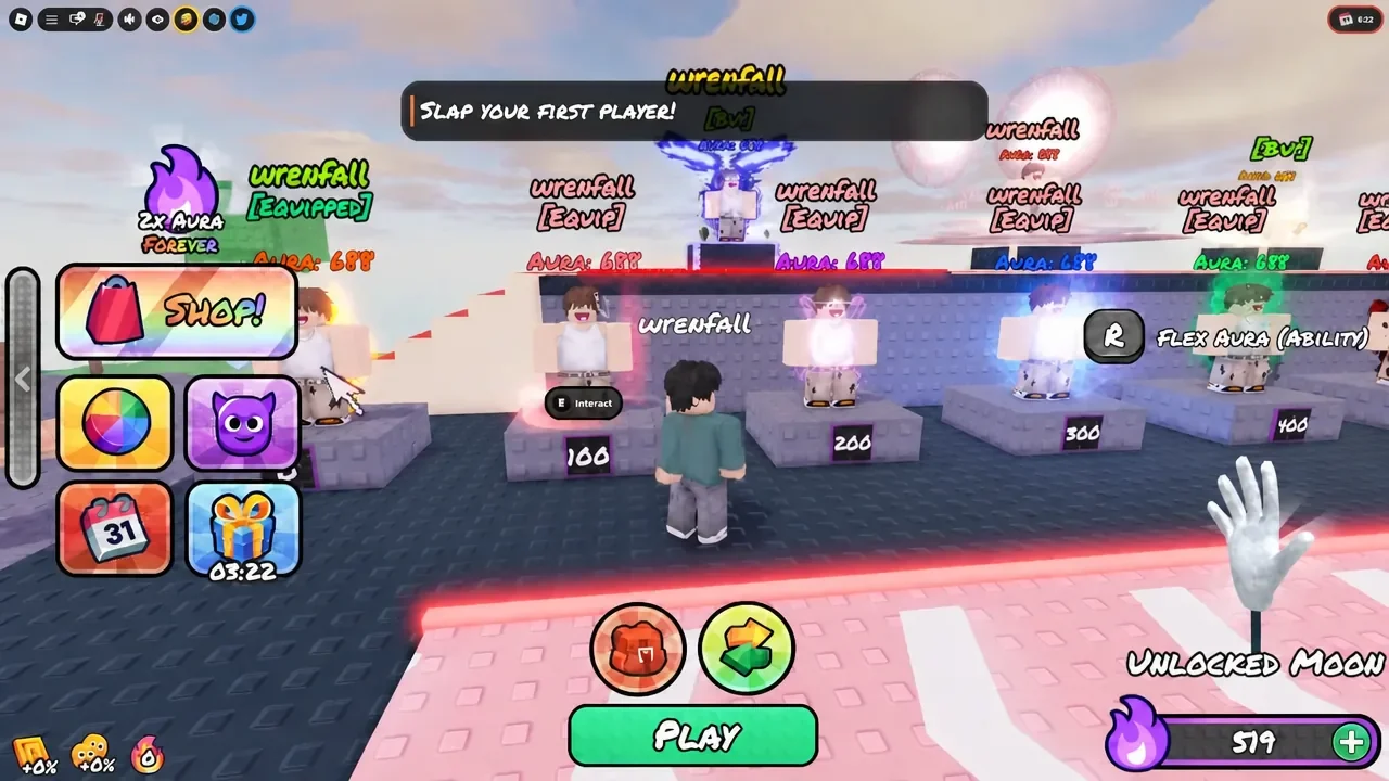 Tutorial prompt to slap your first player, with the E interact prompt shown over a nearby player