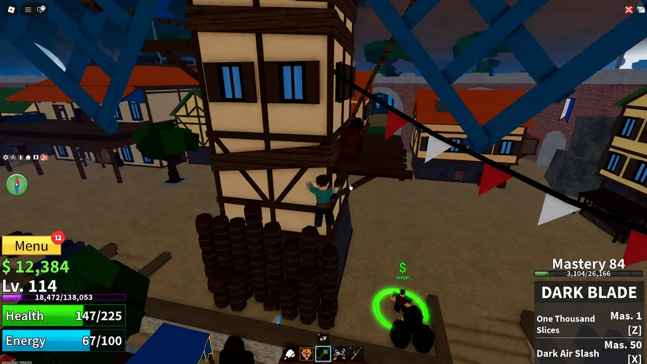 Player climbing a timber-framed building next to the windmill in Pirate Village