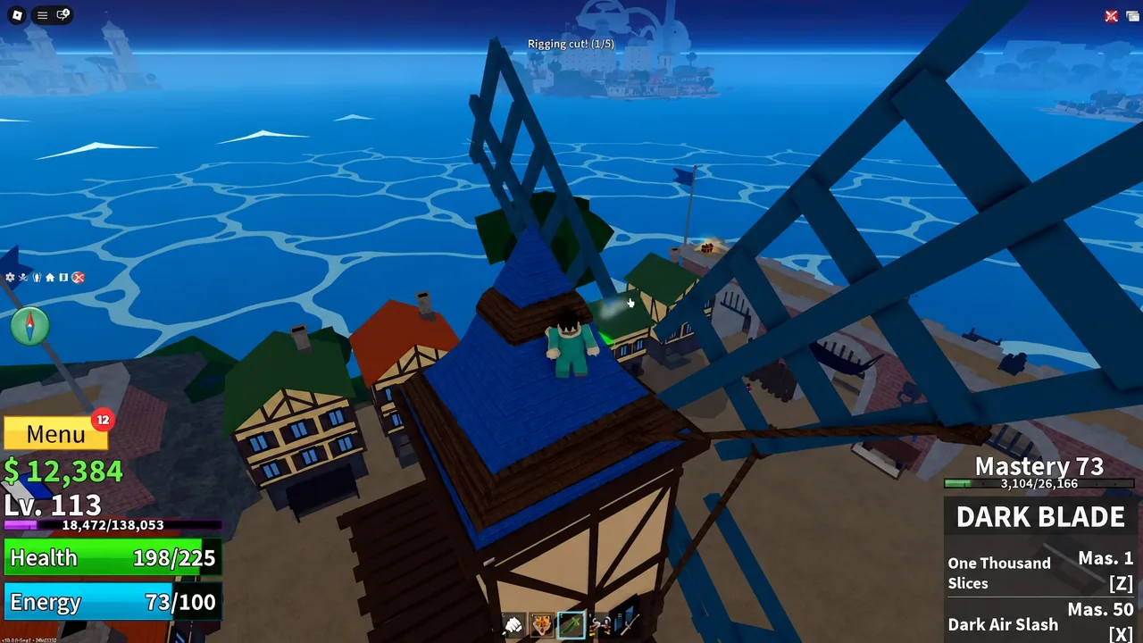 Sword attack landing on one of the windmill rigging ropes in Blox Fruits