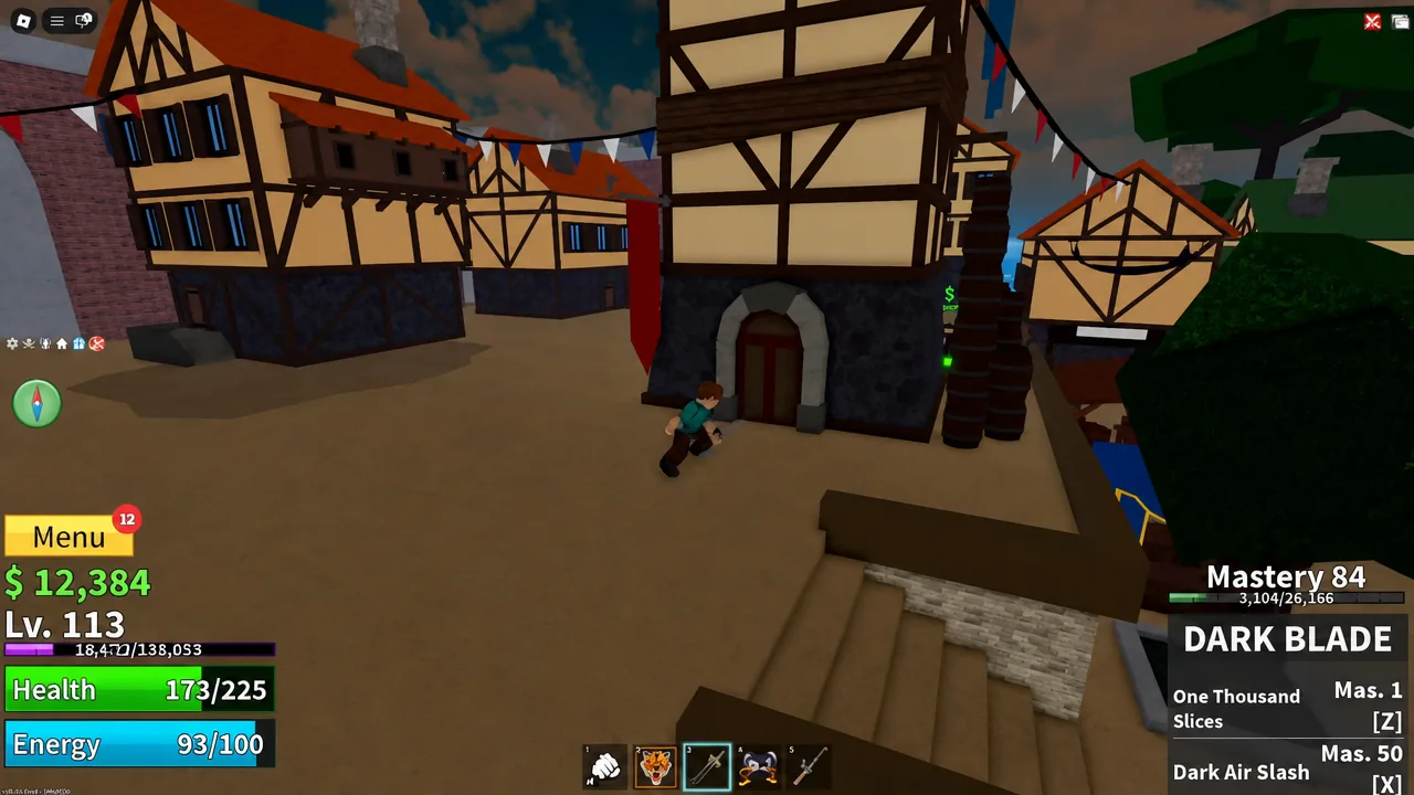 Player moving through Pirate Village with a sword equipped in the hotbar