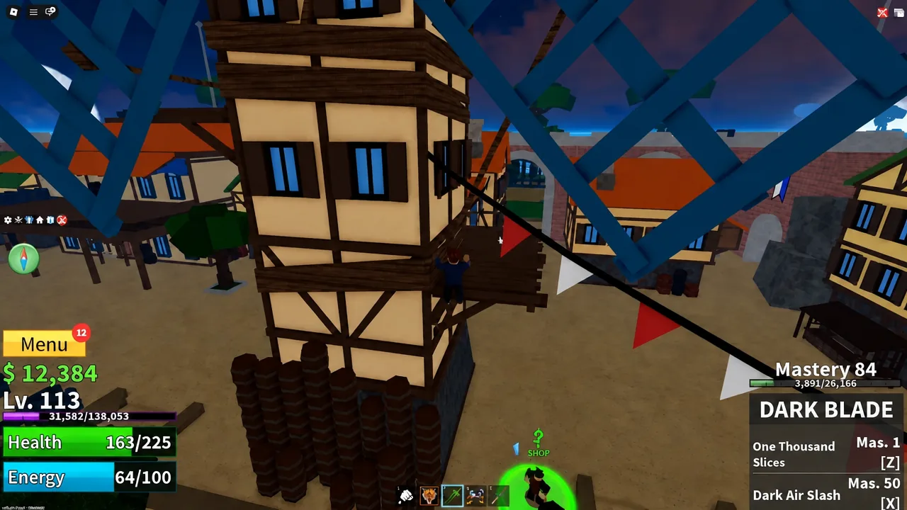 Player crossing a Pirate Village rooftop while looking for the windmill rope points