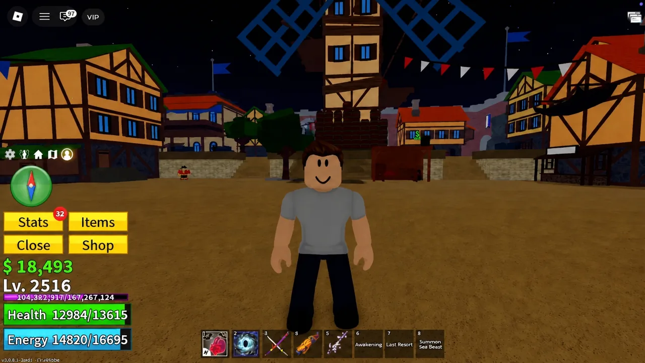 Blox Fruits gameplay in Pirate Village with the inventory bar and Stats, Items and Shop buttons on screen
