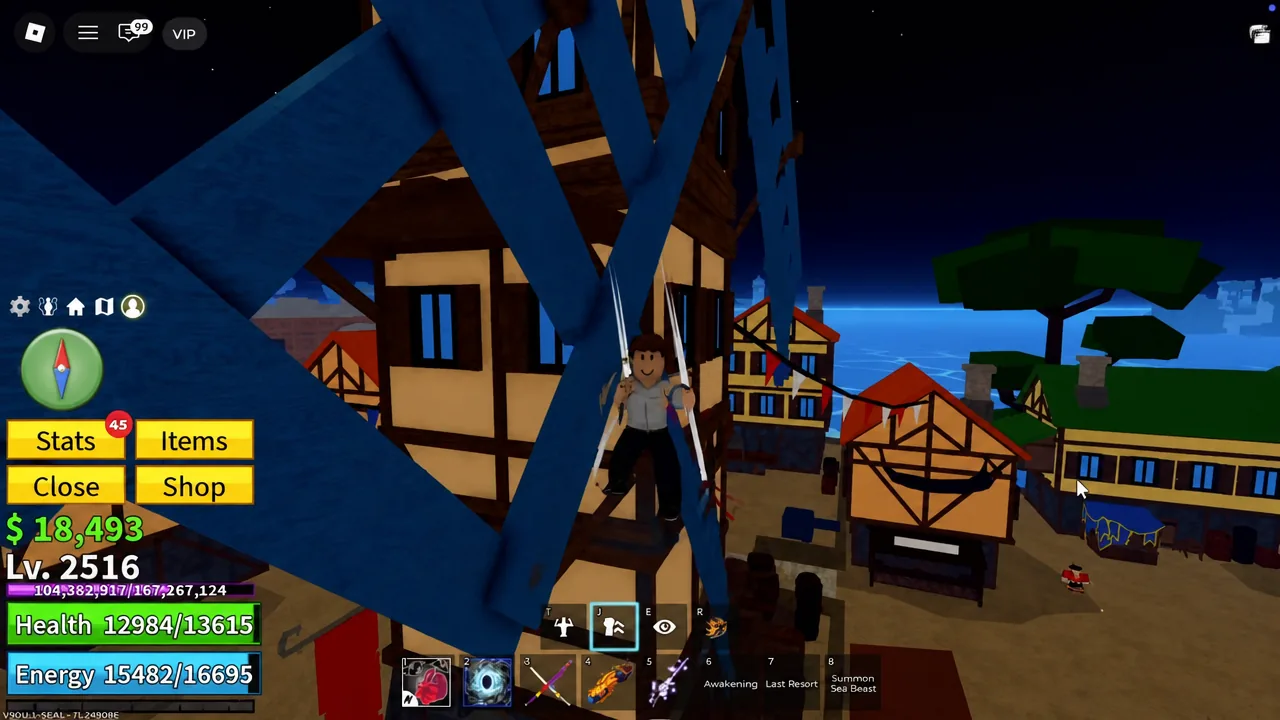 Close view of the windmill frame in Blox Fruits showing a rigging rope tied to the structure