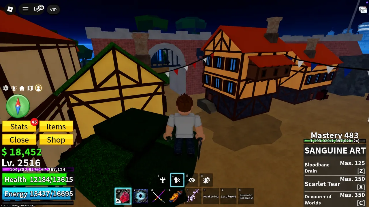 Player character running through the Pirate Village streets toward the raised windmill area