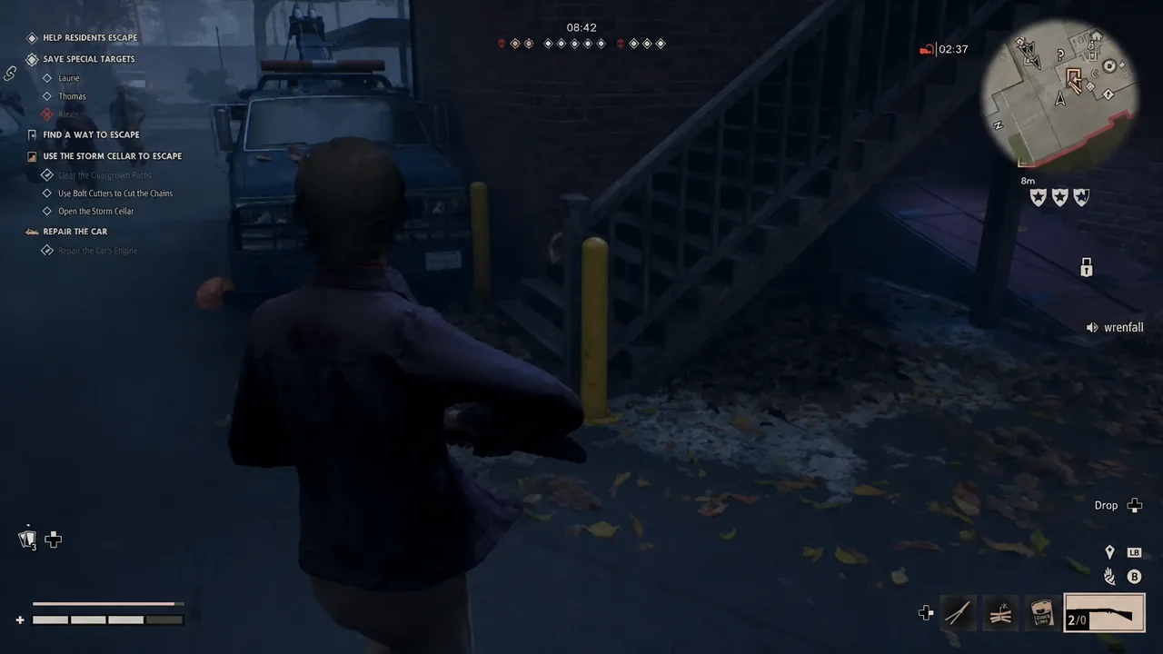 Player approaching the storm cellar stairs with the USE THE STORM CELLAR TO ESCAPE objective on screen