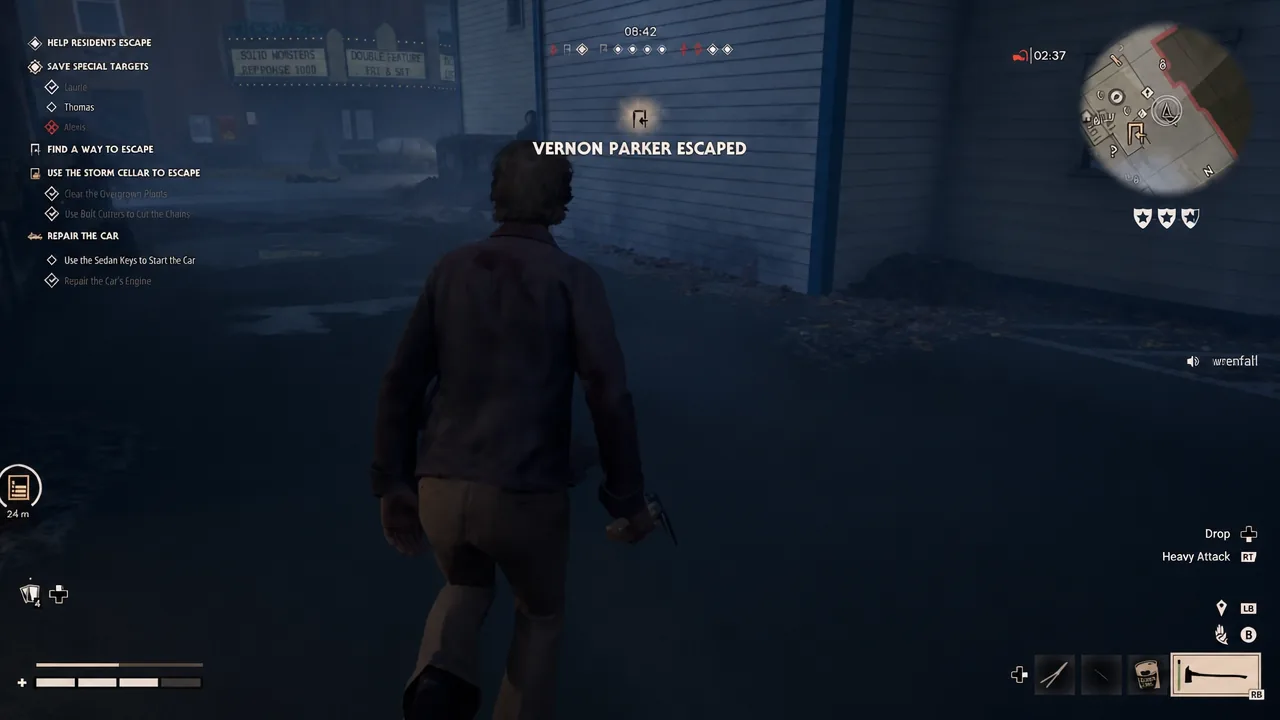 Objective tracker with a VERNON PARKER ESCAPED banner confirming a rescued resident made it out