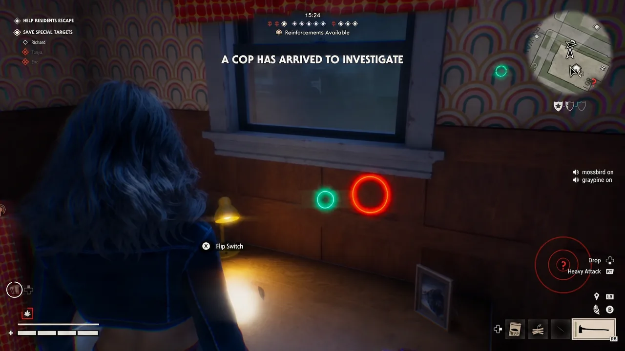 Flip Switch interaction prompt on a wall switch while a banner reports a cop has arrived to investigate