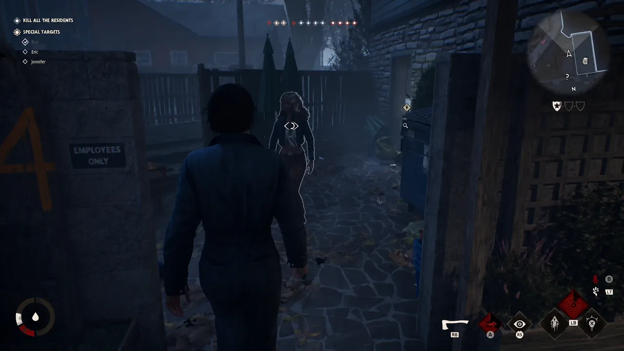 Eye prompt appears over a resident while the Kill All the Residents objective sits in the HUD corner