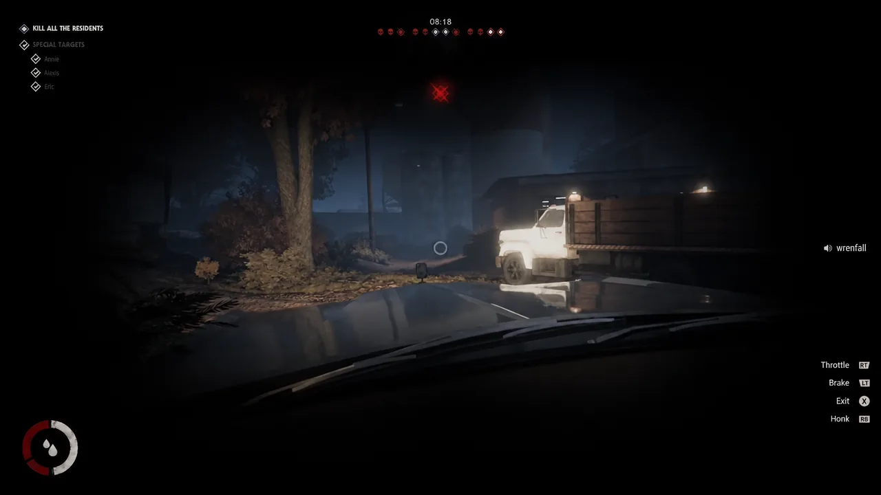 Driving prompt showing Throttle RT, Brake LT, Exit X and Honk RB while steering toward a parked truck