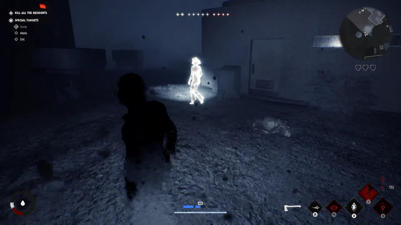 A resident glows through cover under the Kill All the Residents objective as Michael tracks them