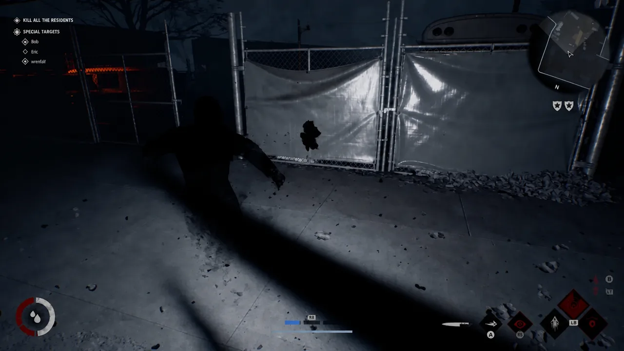 Michael advances on a fenced yard with the objective and three special target names listed on screen