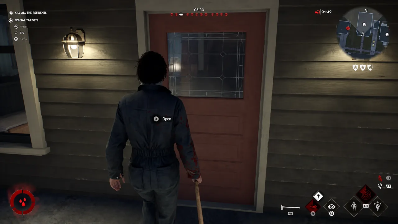 An X Open prompt highlighted on a red front door during a Halloween: The Game match