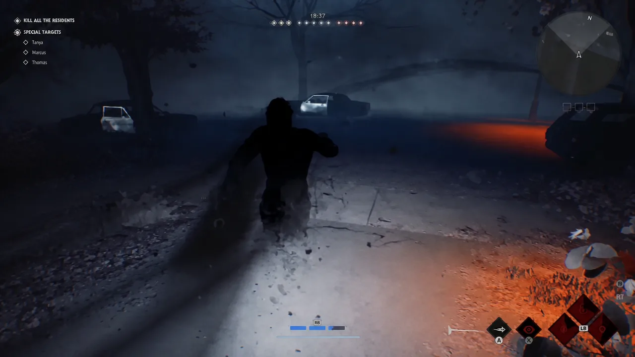 Michael Myers moving through a foggy Haddonfield street with the Kill All The Residents objective on screen
