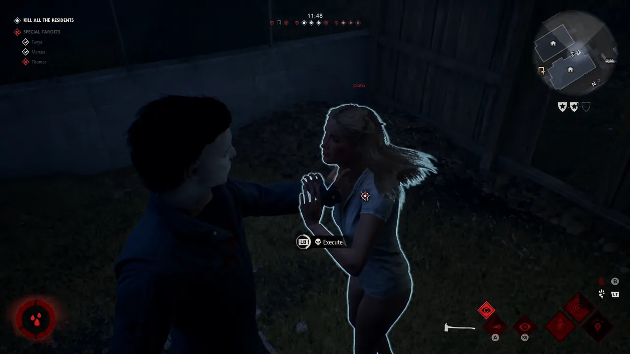 The LB Execute prompt highlighted over an outlined resident held by Michael Myers outside a house