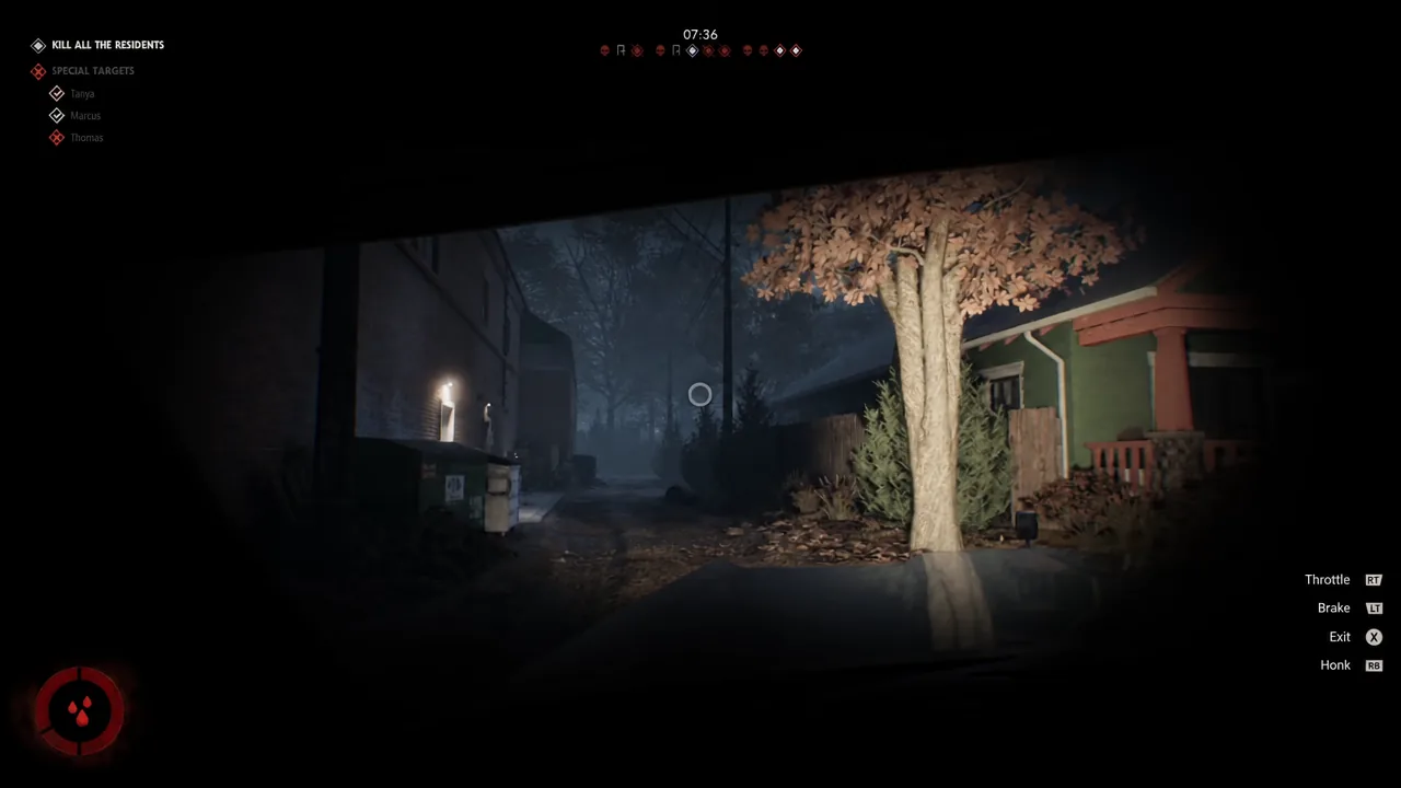 Michael Myers driving a car through a Haddonfield neighborhood with the objective banner still active
