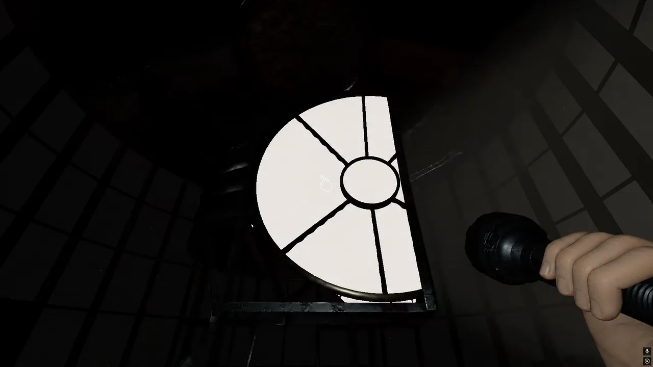 Cursor highlighting the segmented lighthouse lantern mechanism as a flashlight beam hits it